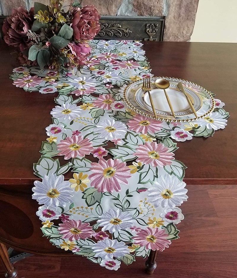 GRANDDECO Spring Table Runner 13"Ã—54" Embroidered Flowery Applique Floral Daisy Cutwork Table Linen Home Kitchen Dining Tabletop Decoration - Image 2